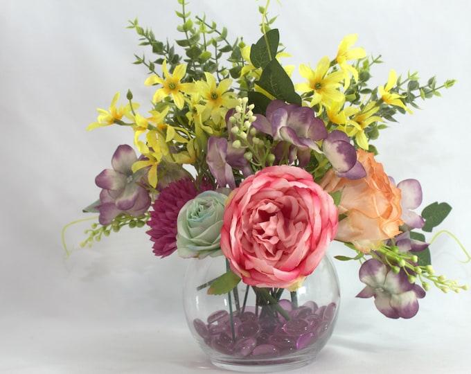 Spring Silk Flower Arrangement in Glass Vase – Ranunculus, Orange & Blue Roses, Mums, Daffodils, Eucalyptus Faux Floral Decor