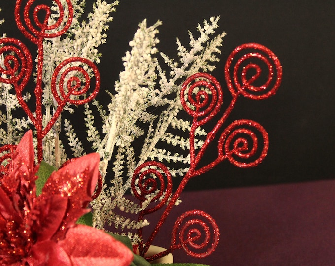 Red Poinsettia & Rose Christmas Centerpiece with Candy Swirls and white sparkled frosted branches in Santa Vase - Holiday Table Décor