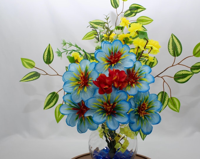 Vibrant Artificial Floral Arrangement – Blue & Yellow Faux Flowers in Glass Vase