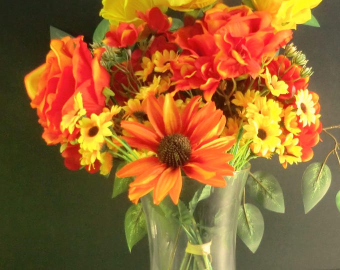 Daisies, Roses, Hydrangea, Sunflowers, Banyan Branches, glass stones, in a clear crystal vase, artificial flower arrangement