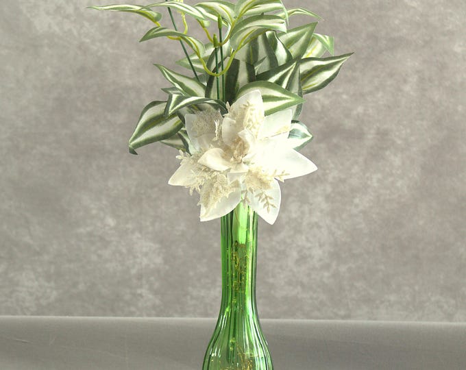 Emerald Rose & White Poinsettia Winter Flower Vase | Frosted Greenery, Fairy Light Holiday Table Decor