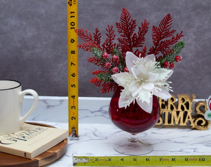 White Poinsettia Christmas Arrangement in Red Glass Vase | Faux Frosted Pine & Berry Winter Centerpiece | Holiday Table Decor