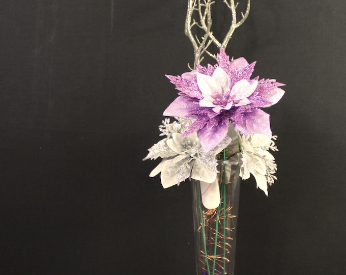 Luxury Winter Wonderland Tabletop Floral Arrangement, Light Up White & Purple Poinsettias with Sparkling branches, Winter Holiday Decor