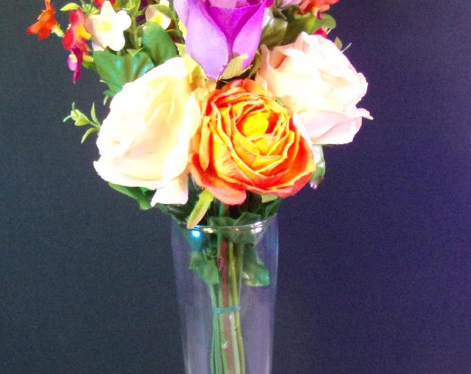 Vibrant Vista, Orange, Pink & Purple Roses, Daisies, artificial flower arrangement in a crystal vase with pink stones