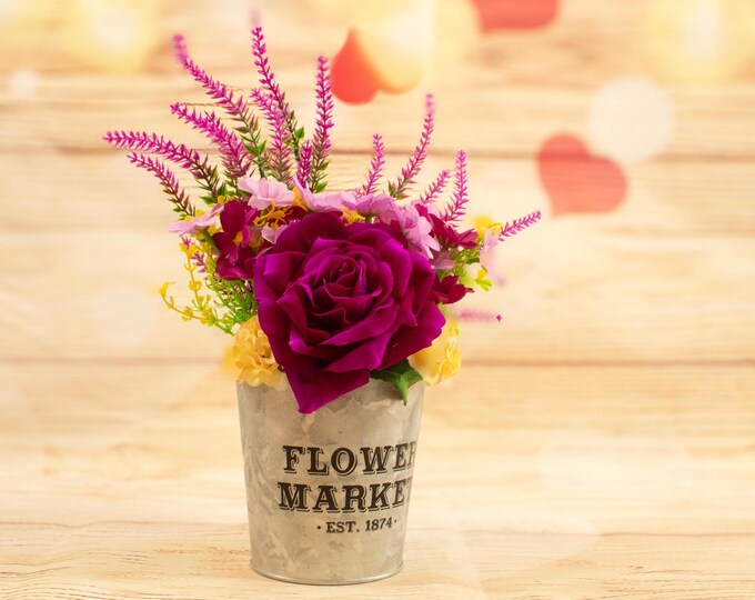 Faux Fuchsia Rose & Hydrangea Valentine's Flower Market Can - Romantic Gift