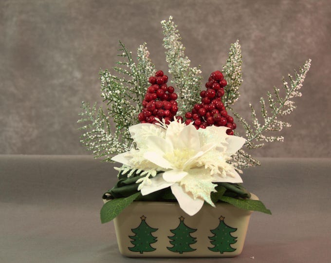 White Poinsettia Christmas Table Centerpiece with Green Roses & Red Berries in Christmas Tree Vase