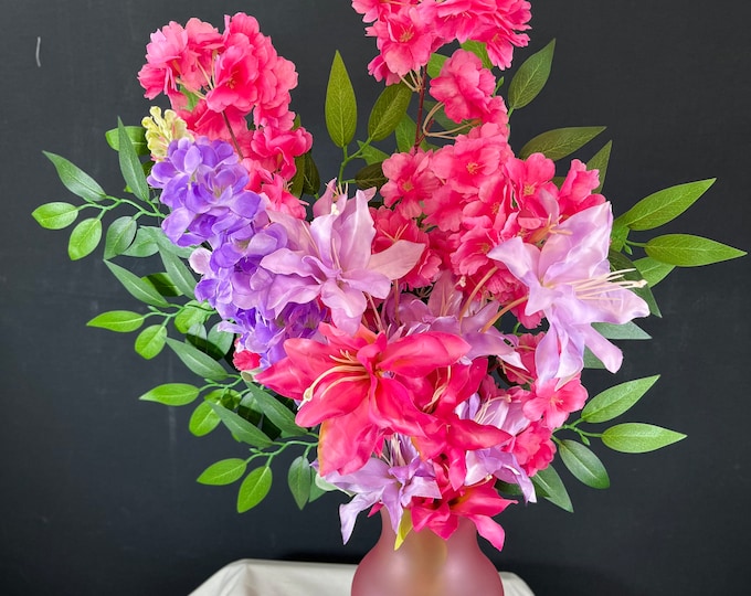 Flame Lilies, Cherry Blossom, and Delphinium artificial flower arrangement in a beautiful burgundy ceramic vase, Blush n' Bloom