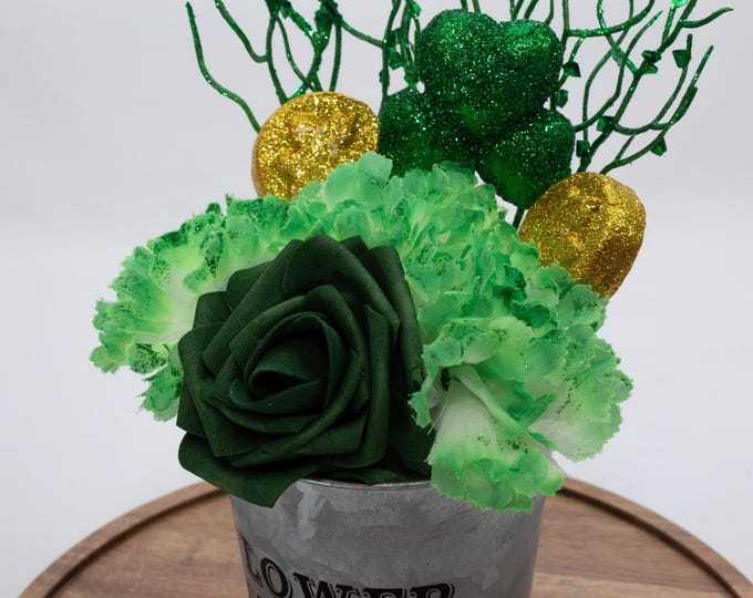 St. Patrick’s Day Artificial Floral Arrangement – Green Rose & Carnation Centerpiece – Lucky Shamrock Decor