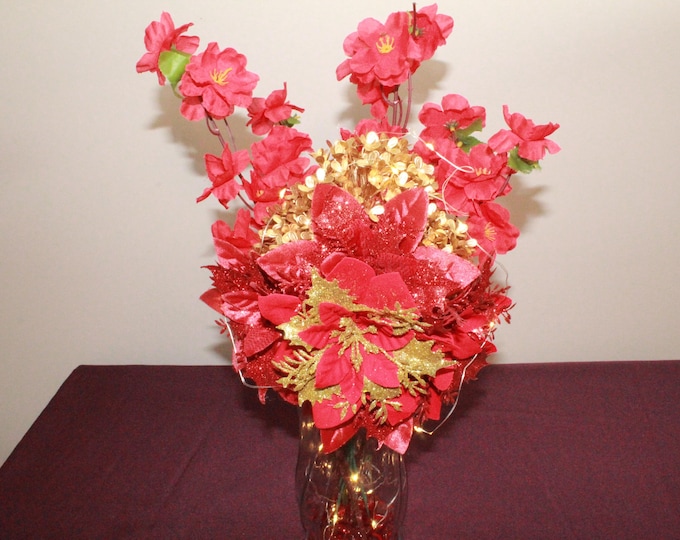 Red and Gold Poinsettias, Gold Hydrangeas, Cherry Blossoms, Red Stone Vase Filler, and LED Lights, Elegant Artificial Floral Arrangement