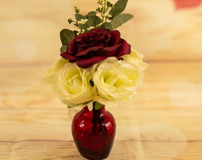 aux Flower Arrangement with Red and White Roses, Eucalyptus in Red Textured Vase