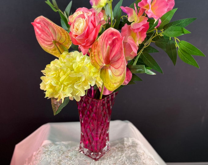 Yellow and Pink Roses, Yellow Hydrangea, Delphinium, Willow Branch artificial flower arrangement in a lovely red vase