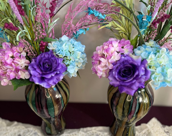 Elegant Faux Flower Arrangement – Purple & Light Blue Hydrangeas, Purple Rose, Wheat Grass in Multicolored Tall Vase