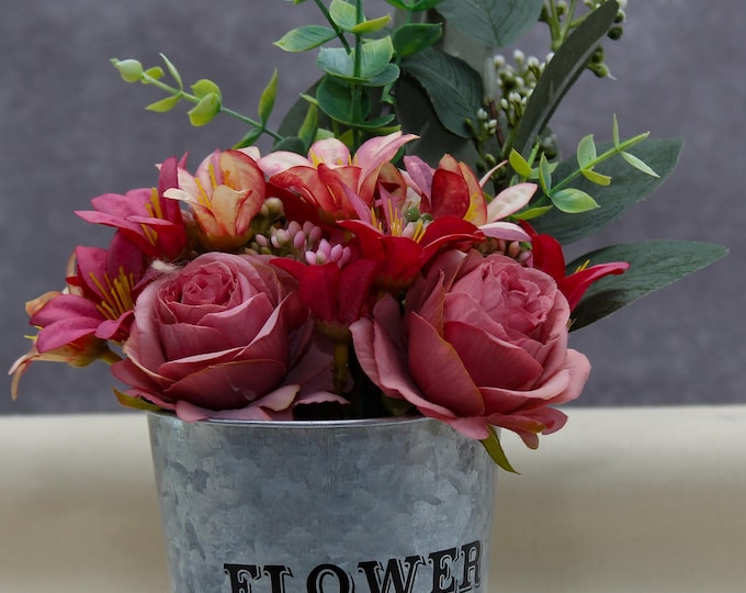 Rustic Faux Flower Arrangement with Lilies, Eucalyptus, and Roses in a Flower Market Can - Perfect for Home Décor or Gifting