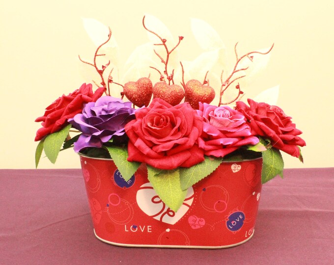 Romantic Valentine’s Day Artificial Floral Arrangement – Red, Pink, and Purple Roses with Glitter Accents
