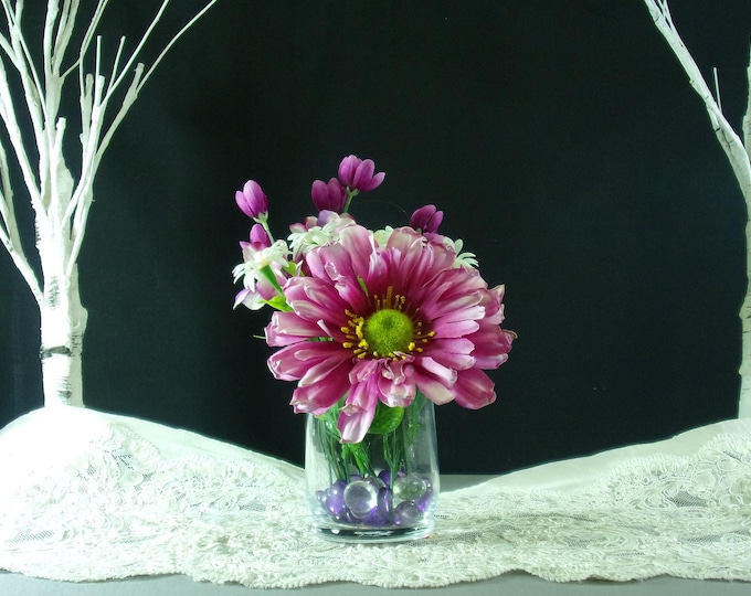 Magenta Charm, Dahlia, Daisies, with Purple & Clear glass beads in a quaint glass vase, artificial flower arrangement