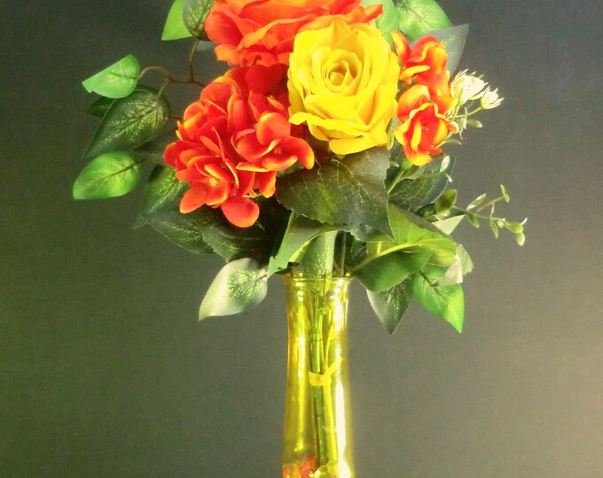 Orange and Yellow Roses, Hydrangea, Banyan Branch, in a tall fluted glass vase with clear and red stones artificial flower arrangement