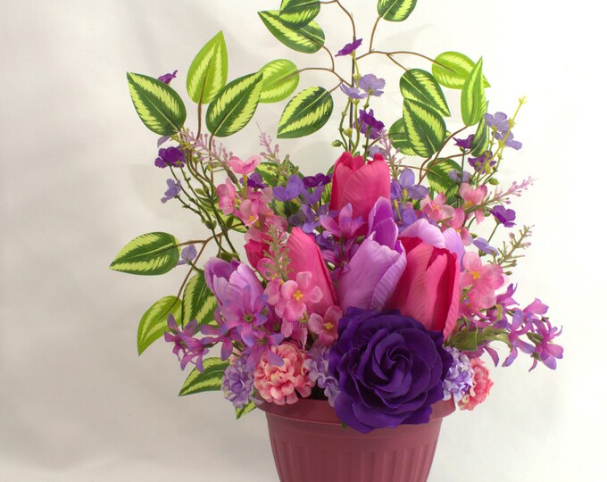 Vibrant Tulip & Purple Rose Silk Flower Arrangement – Faux Wildflower Peony and Hydrangea Centerpiece – Spring Floral Decor in Mauve Pot