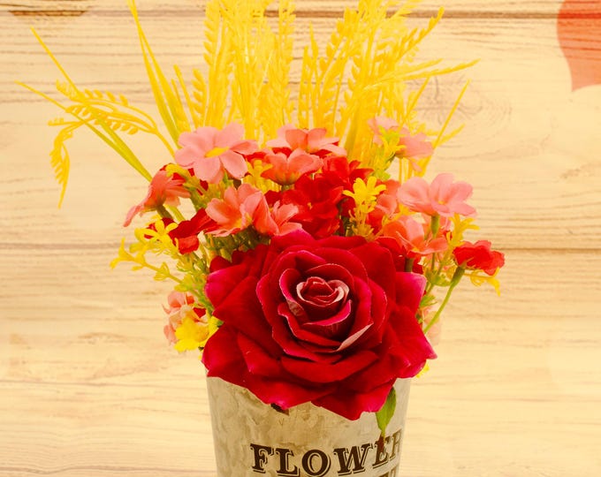 Vibrant Faux Flower Arrangement in a Charming Flower Market Can – Hot Pink Rose, Pink Daisies, and Yellow Lavender