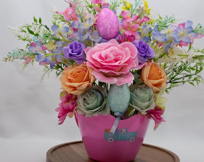 Easter Artificial Flower Arrangement – Colorful Spring Floral Décor in Pink Pot