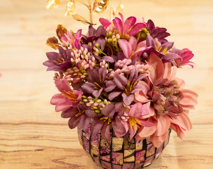 Elegant Faux Flower Arrangement with Pink Dahlia, Purple Lilies, and Gold Accents in Mosaic Vase