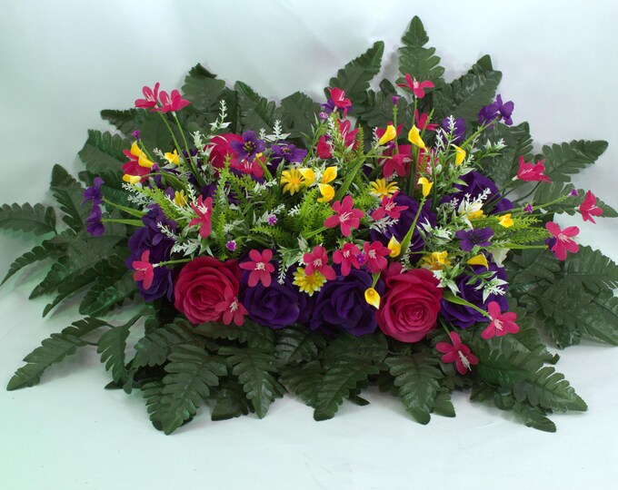 Loving Memory Grave Flower Arrangement – Artificial Cemetery Floral Tribute