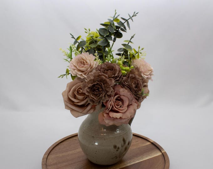 Rustic Artificial Floral Arrangement – Neutral Toned Faux Flowers in Handmade Ceramic Vase