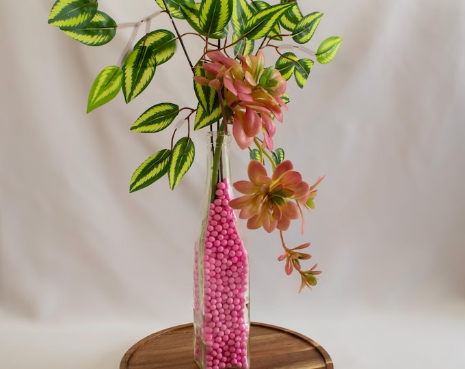 Succulent in Antique Soda Bottle with Pink Vase Filler & Ficus Branch | Unique Home Decor |  Eclectic Charm