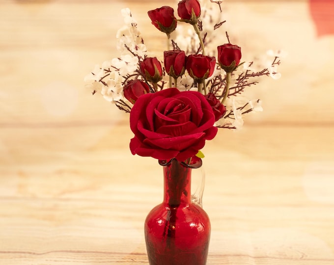 Romantic Faux Red Roses and Baby's Breath in Textured Red Glass Vase - Elegant Valentine's Day Floral Decor