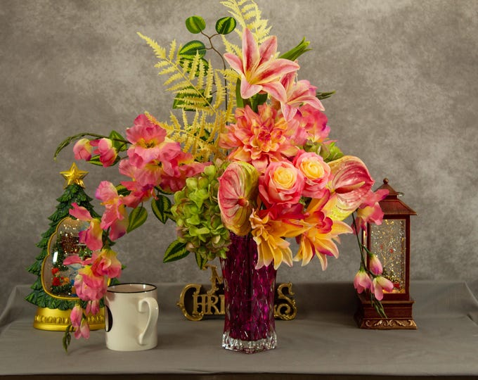 Sunset Serenade Artificial Flower Arrangement, Pink Coral Roses Hydrangea Dahlias Orchids Lilies, Tropical Centerpiece, Purple Vase