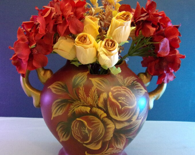 Autumnal Elegance, Hydrangea, Beige Roses, Amber Brush, in a rich heirloom type vase artificial flower arrangement