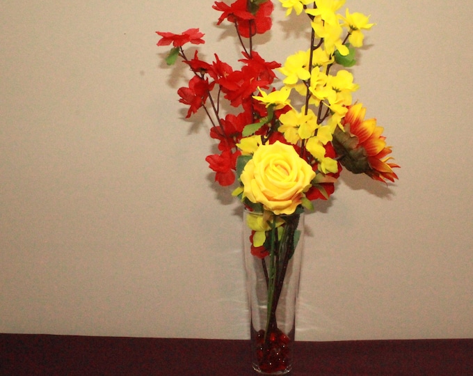 Sunflower and Cherry Blossom Arrangement in Fluted Crystal Vase – Elegant Home Accent