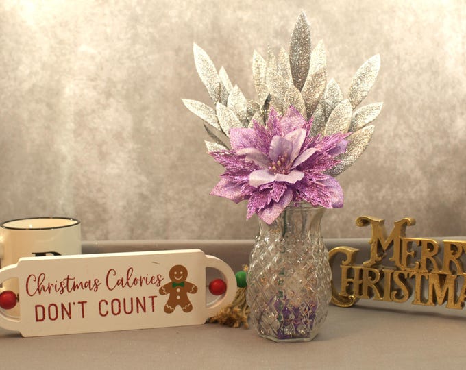 Poinsettia Christmas Centerpiece – White Sparkle Eucalyptus, LED Lights & Stone Vase Filler in Frosted Glass Vase