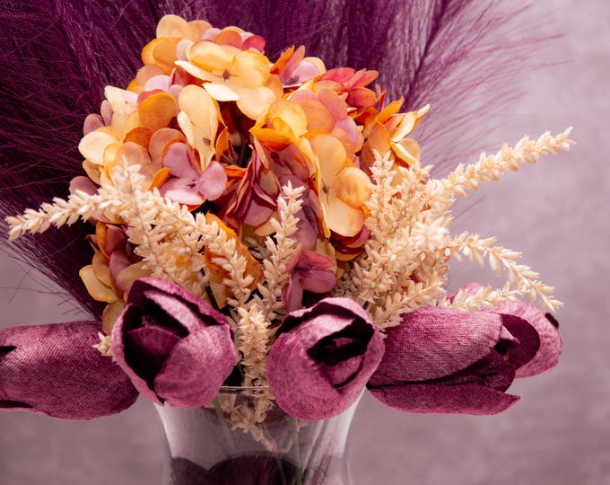 Plum Pampas & Hydrangea Arrangement – Burgundy Tulip Floral in Glass Vase, Fall Centerpiece, Boho Farmhouse Decor, Thanksgiving Table Decor