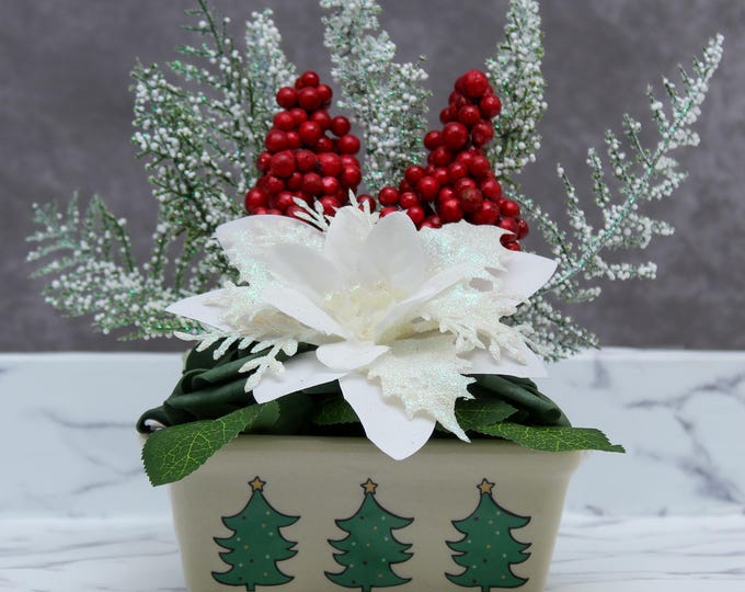 White Poinsettia Christmas Centerpiece, Green Roses & Red Frosted Berries, Frosted Spruce Winter Table Decor, Hostess Gift