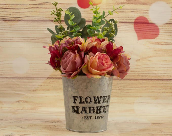 Rustic Faux Flower Arrangement with Lilies, Eucalyptus, and Roses in a Flower Market Can - Perfect for Home Décor or Gifting