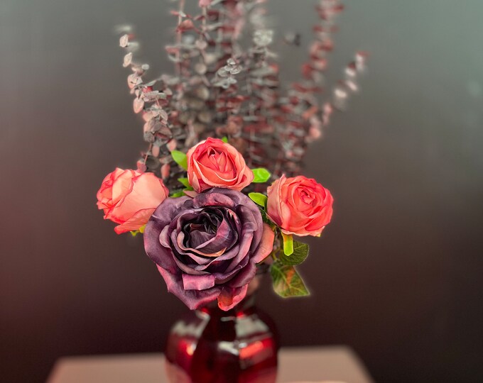 Pink and Purple Roses and Eucalyptus in an elegant burgundy vase, artificial flower arrangement