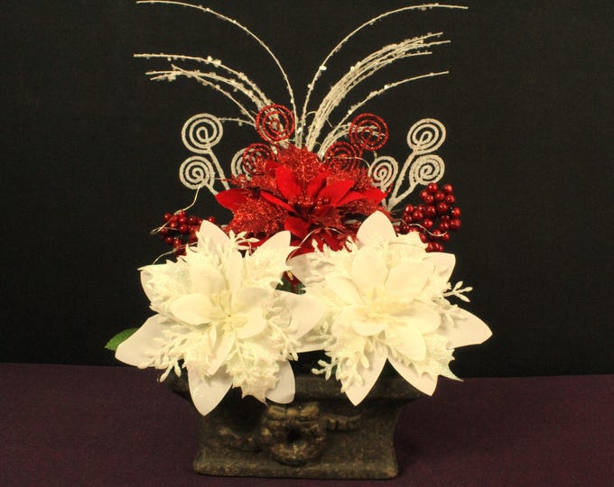Red Glitter & Red and White Poinsettia, Red Holly Berries Christmas Centerpiece with LED Lights - Rustic Majestic Container Decor