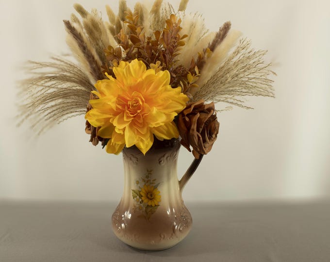 Rustic Faux Flower Arrangement with Yellow Dahlia, Pampas Grass & Hand-Painted Vase