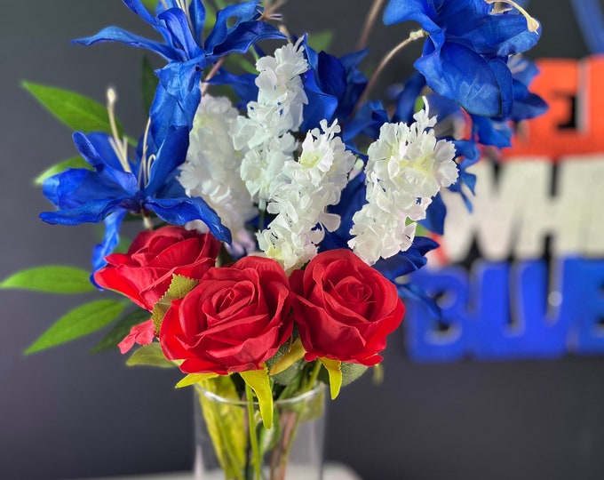 American Dream patriotic arrangement - Red Roses, White Poppy, Blue Iris, Sparkle - Memorial Day bookshelf or home Decor