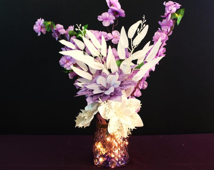 Purple & White Sparkle Poinsettia Arrangement with White Eucalyptus and Purple Beach Blossoms – Vase Filler and LED Lights
