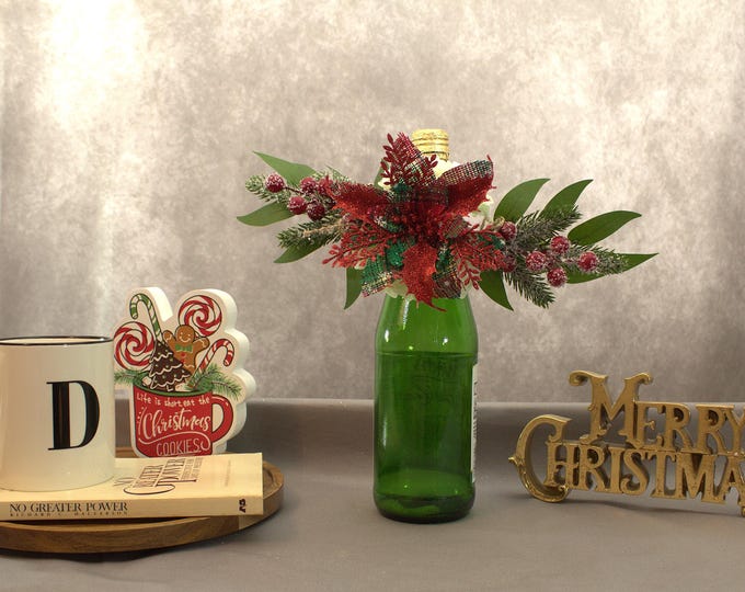 Holiday Wine Bottle Flower Arrangement – Faux Floral Bottle Topper for Wine Gifts – Hostess & Christmas Decoration
