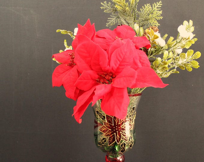 Large Poinsettia & Berry Holiday Centerpiece in  a large Wine Glass with LED Lights – Christmas Centerpiece