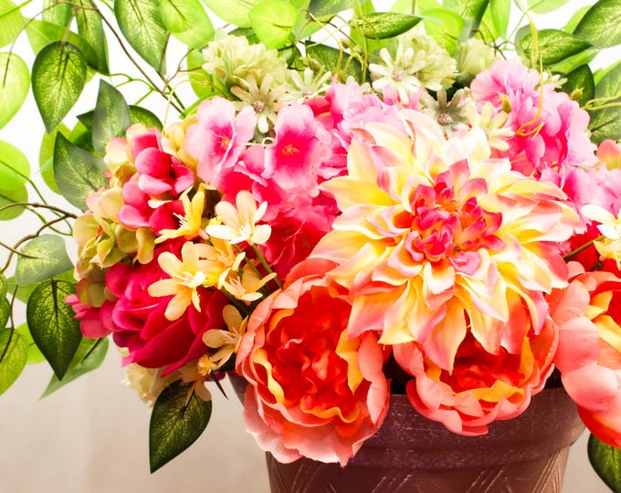 Pink Dahlia & Rose Faux Flower Arrangement – Hydrangea, Orchid, Lily Centerpiece with Ficus Leaves – Silk Floral Home Décor