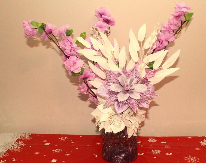 Purple Poinsettia Centerpiece with White Eucalyptus Leaves, Purple Cherry Blossoms, LED Lights, and Stone Vase Filler Elegant Holiday Décor