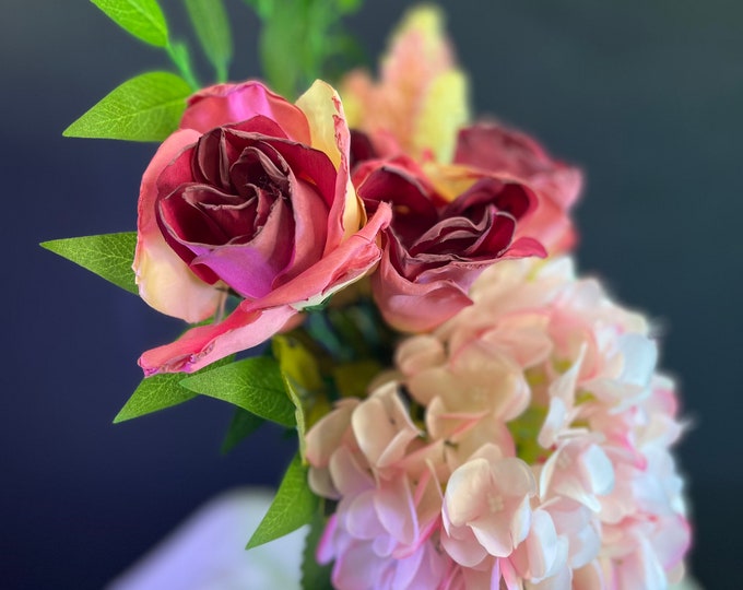 Soft Radiance, Hydrangeas, wheat grass, and pink roses artificial flower arrangement