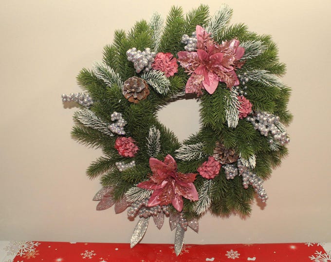 Pink Poinsettia Wreath with Frosted Pine, Pink Hydrangea, Silver Accents & Pinecones - Holiday Door Decoration