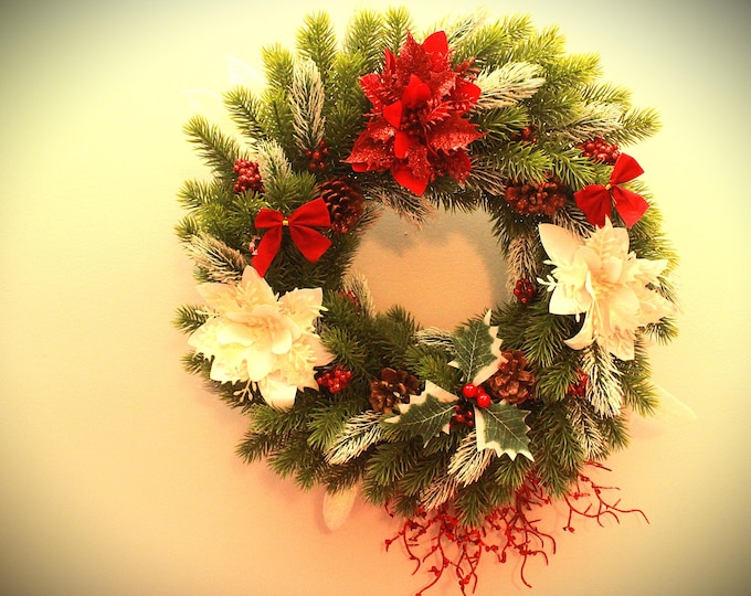Handcrafted Christmas Wreath with Frosted Pine, Red & White Poinsettias, Holly Berries, and Pinecones – Elegant Holiday Door Decor