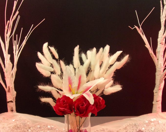 Delicate Harmony, Red Roses, Lilies, and pretty cottontails, in a Glass Vase with Pink and Clear Glass marbles