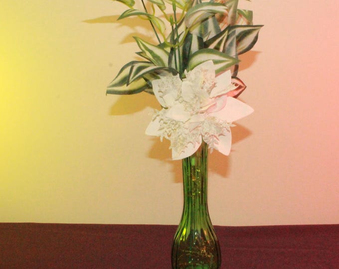 Elegant White Poinsettia and Green Roses Arrangement in Green Glass Vase