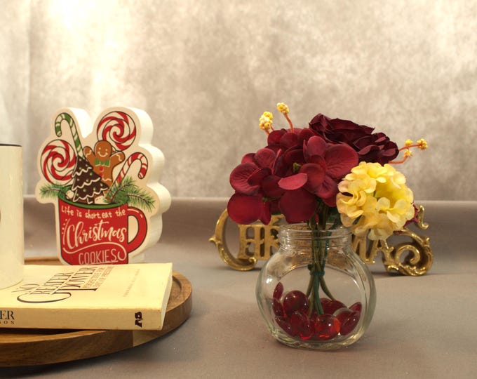 Faux Flower Arrangement – Roses Daisies Peonies in Crystal Vase – Small Artificial Floral Centerpiece